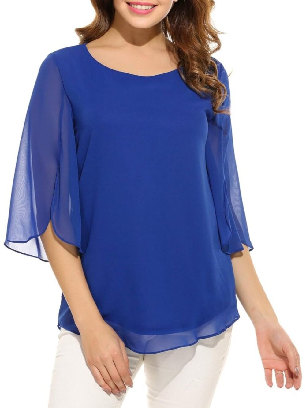 Women's Casual Chiffon Dressy Top Scoop Neck Double Layers Blue Shirt